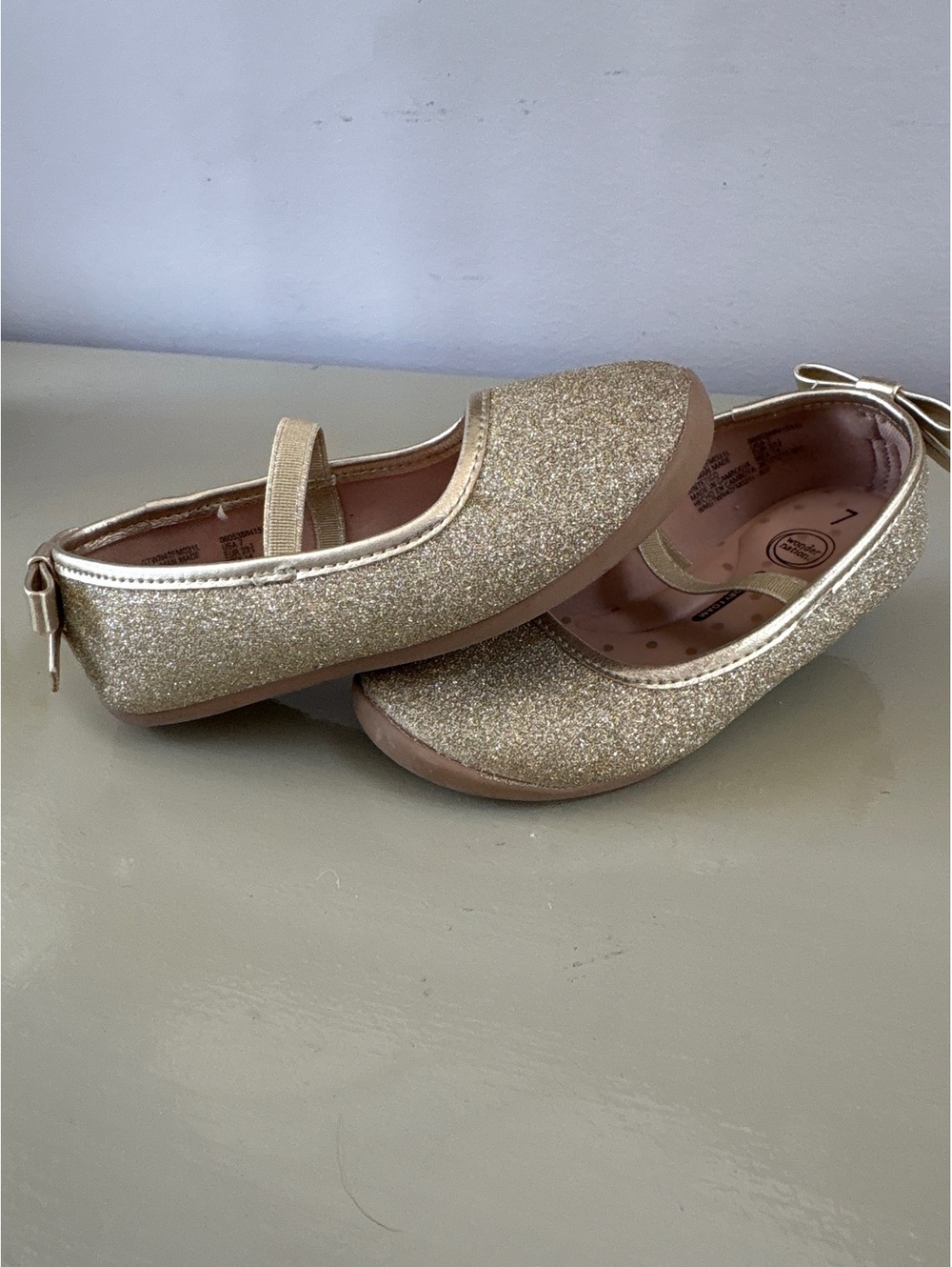 Wonder Nation Girls  Gold Glitter Ballet Flats with Bow, Size 7 Infant toddler